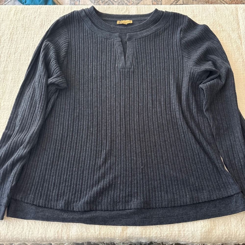 Democracy Women 1X Charcoal Gray Ribbed Knit Notch Neck Layered Hem Top